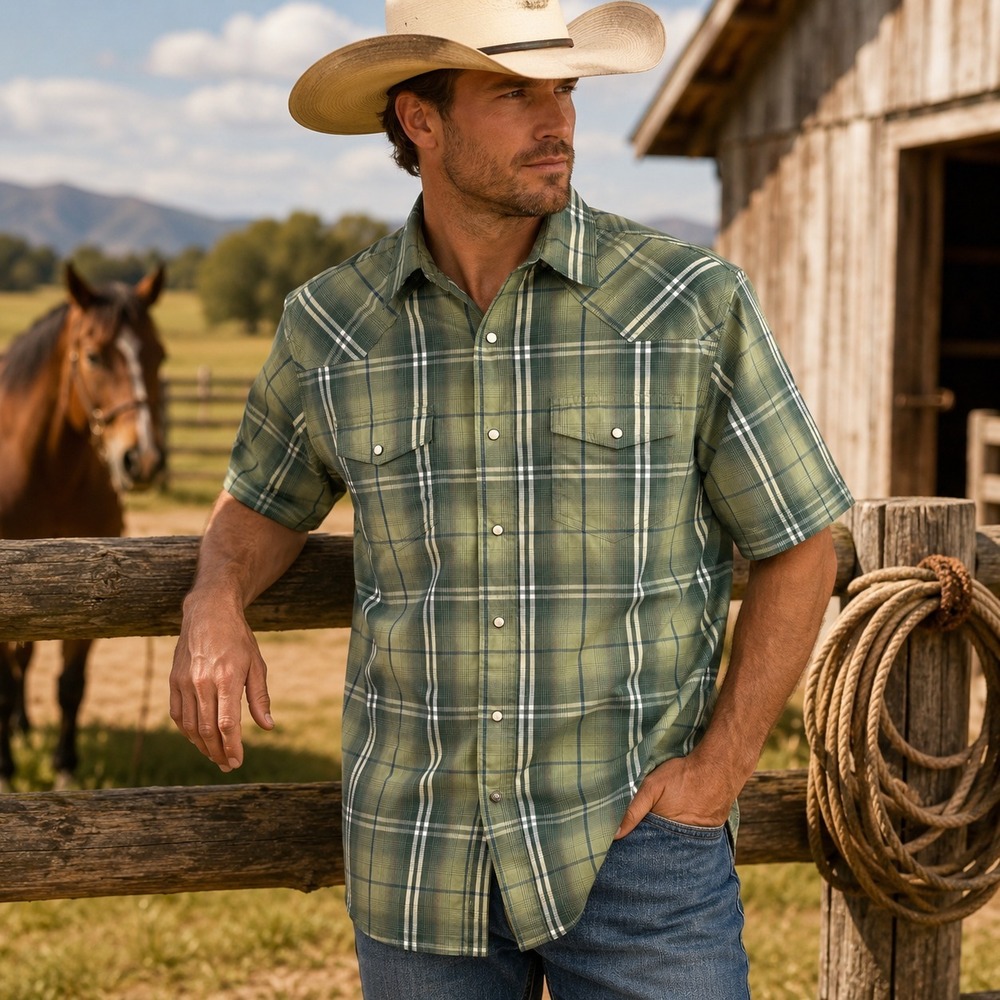 Redhead Ranch Mens Green Plaid Pearl Snap Shirt L Stretch Short Sleeve Western